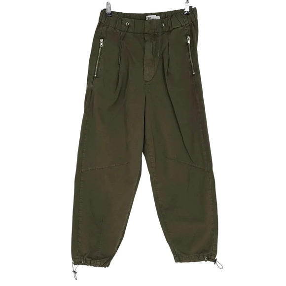 Zara Relaxed Daily Pants Olive Green Pleated High Rise Wide Barrel Ankle Pant - Picture 1 of 5